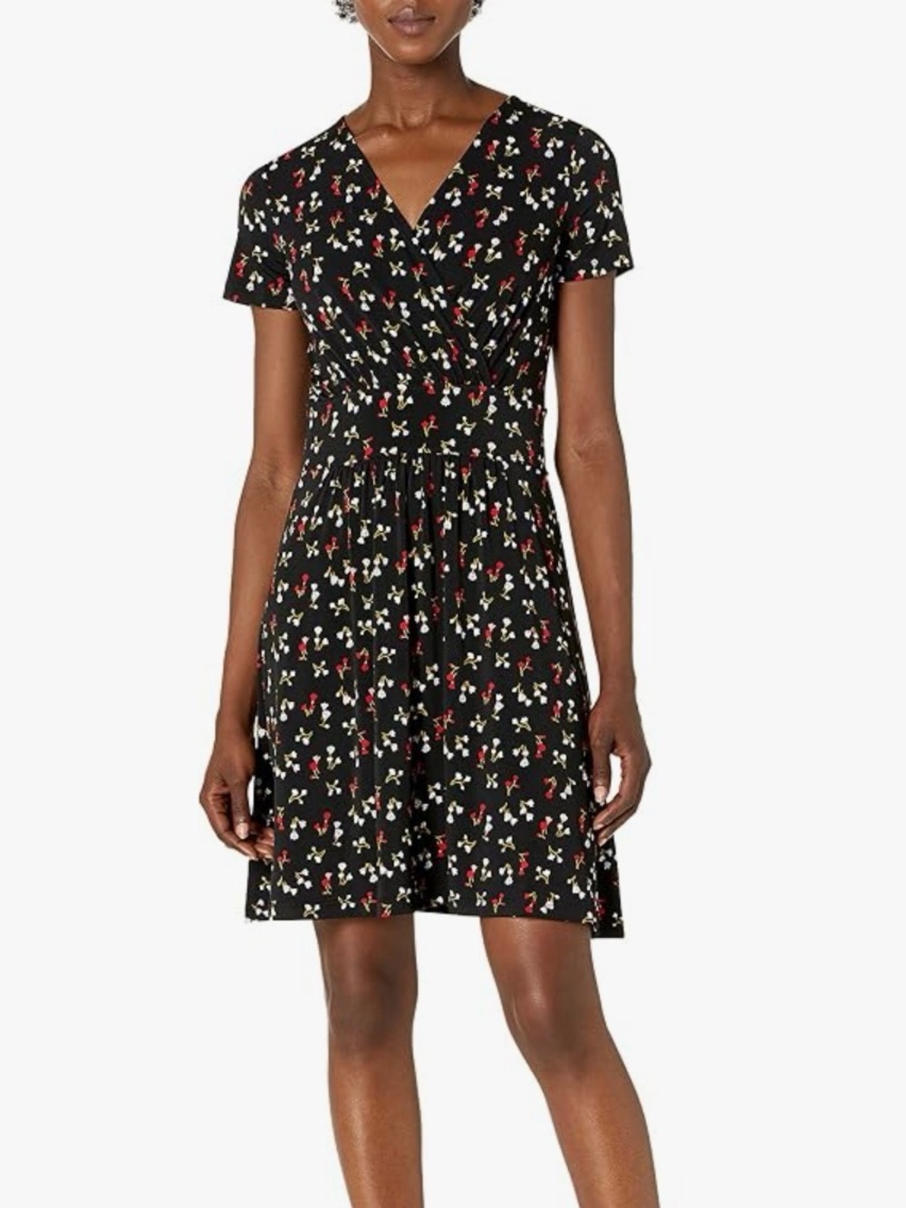 Lark & Ro Black Floral V-Neck Short Sleeve Midi Dress